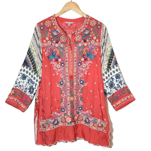 John Mark Floral Embroidered Tunic Top Red Blue Loose Fitting Boho Casual Small - Picture 1 of 16